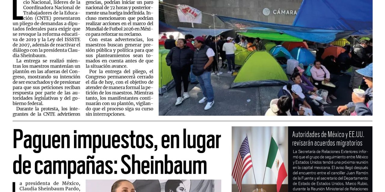 Portada RCG Nacional e Intencional [14 de noviembre de 2025] La CNTE amaga con boicot contra el Mundial 2026; Paguen impuestos, en lugar de campañas: Sheinbaum y más noticias…