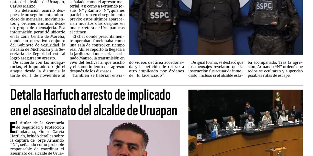 Portada RCG Nacional e Intencional [20 de noviembre de 2025] Detienen al autor intelectual del asesinato de Carlos Manzo; detalla Harfuch arresto de implicado en el asesinato del alcalde de Uruapan y más noticias…