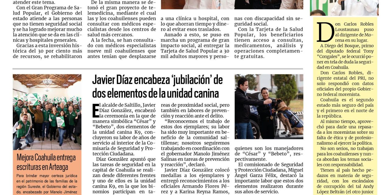 Portada RCG Lagunera [29 de noviembre de 2025] Coahuila realiza inversión histórica en salud; aprueba Cabildo entrega del informe de Román Cepeda y más…