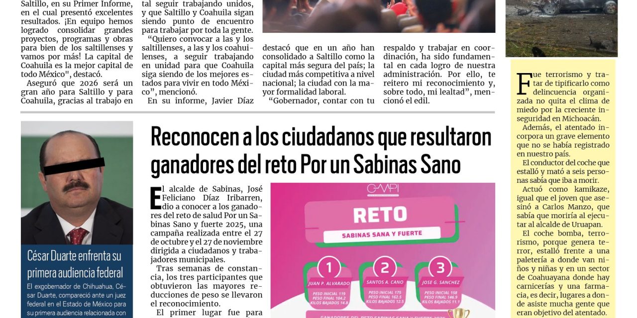 Portada RCG Carbonífera [10 de diciembre de 2025] Coahuila tiene la mejor capital de todo México: Manolo; reconocen a ganadores del reto Por un Sabinas Sano y más