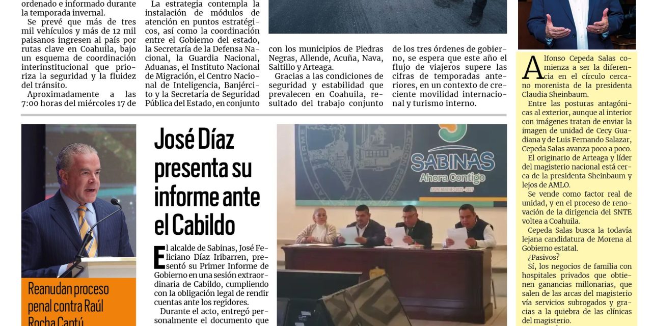 Portada RCG Carbonífera [19 de diciembre de 2025] Coahuila da la bienvenida a miles de paisanos con operativo especial ; José Díaz presenta su informe ante el Cabildo y más