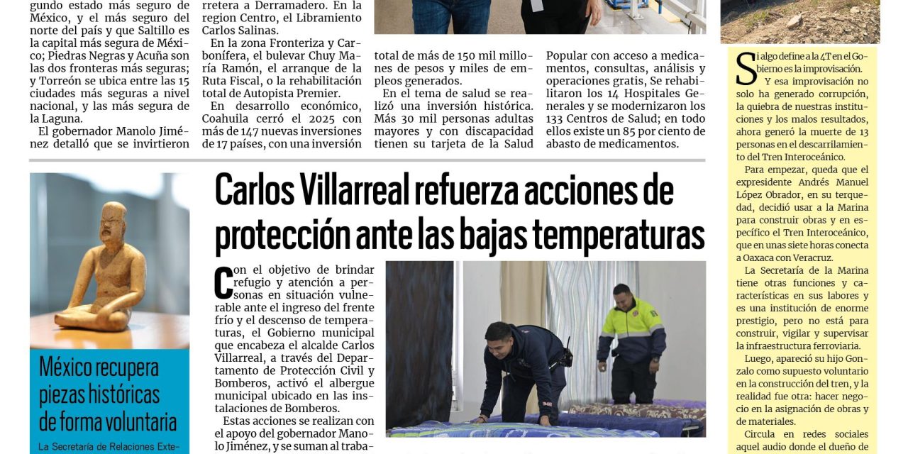 Portada RCG Centro [30 de diciembre de 2025] 2025 fue un gran año para Coahuila: Manolo Jiménez; Carlos Villarreal refuerza acciones de protección ante las bajas temperaturas y más…