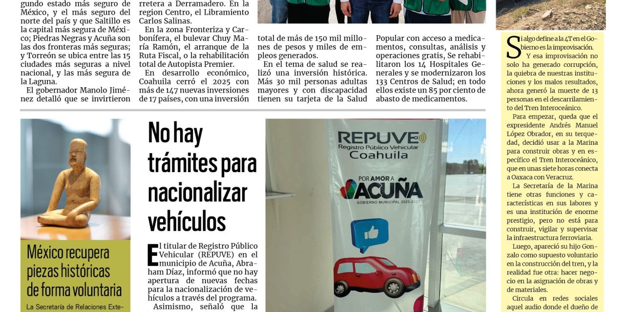 Portada RCG Fronteriza [30 de diciembre de 2025] 2025 fue un gran año para Coahuila: Manolo Jiménez; no hay trámites para nacionalizar vehículos y más…
