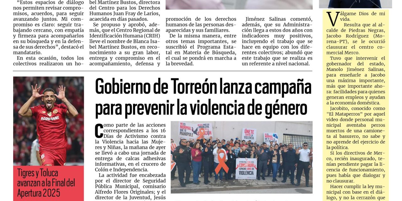 Portada RCG Lagunera [7 de diciembre de 2025] Mantiene Coahuila trabajo con familiares de personas desaparecidas; Teleférico celebra ocho años de servicio y más…