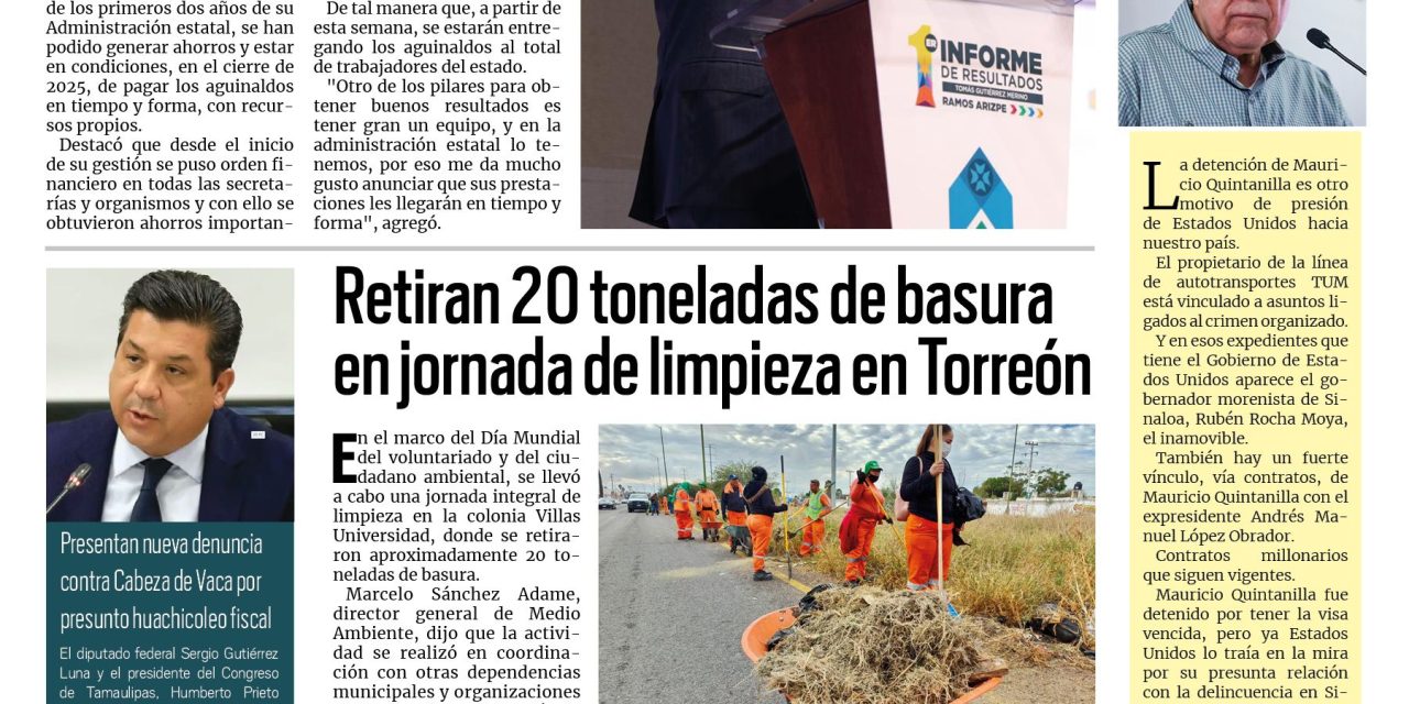 Portada RCG Lagunera [9 de diciembre de 2025] Vamos a cerrar este 2025 con finanzas sanas: Manolo Jiménez; retiran 20 toneladas de basura en jornada de limpieza y más
