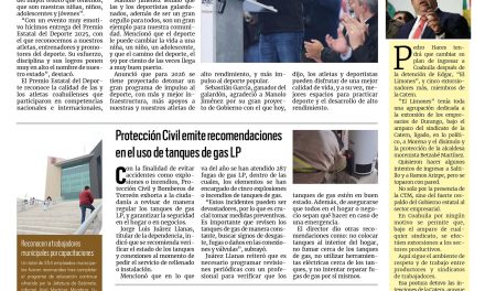 Portada RCG Lagunera [13 de diciembre de 2025] Consolidaremos el deporte de nuestro estado: Manolo Jiménez; Protección Civil emite recomendaciones en el uso de tanques de gas LP y más