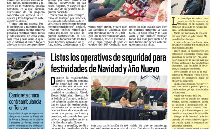 Portada RCG Lagunera [18 de diciembre de 2025] Manolo Jiménez y DIF Coahuila organizan posadas para casas hogar; listos los operativos de seguridad para festividades de Navidad y Año Nuevo  y más