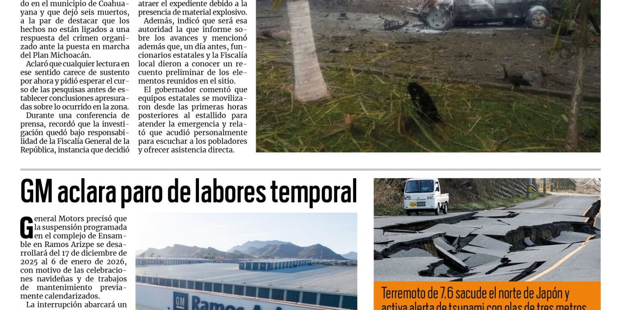 Portada RCG Nacional [9 de diciembre de 2025] Alfredo Ramírez niega relación entre coche bomba y Plan Michoacán; GM aclara paro de labores temporal y más