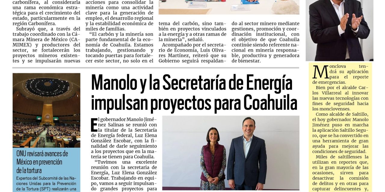 Portada RCG Carbonífera [23 de enero de 2026] Gobernador impulsa el fortalecimiento de la minería; Manolo y la Secretaría de Energía impulsan proyectos para Coahuila y más…