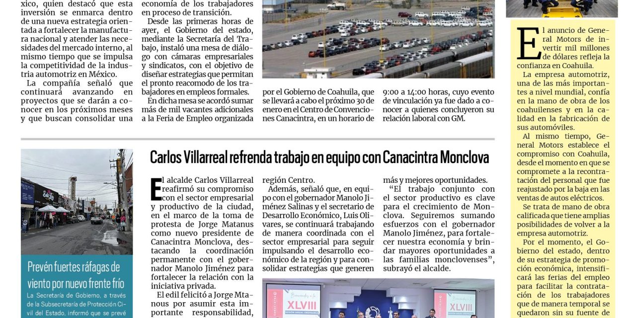 Portada RCG Centro [17 de enero de 2026] GM mantiene compromiso para fortalecer proyectos industriales; Carlos Villarreal refrenda trabajo en equipo con Canacintra Monclova y más…