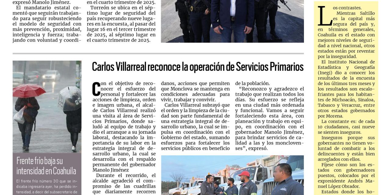 Portada RCG Centro [24 de enero de 2026] Saltillo, Torreón y Piedras Negras son los municipios más seguros; Padres de Chris quedan convencidos con pruebas de la FGE y más…
