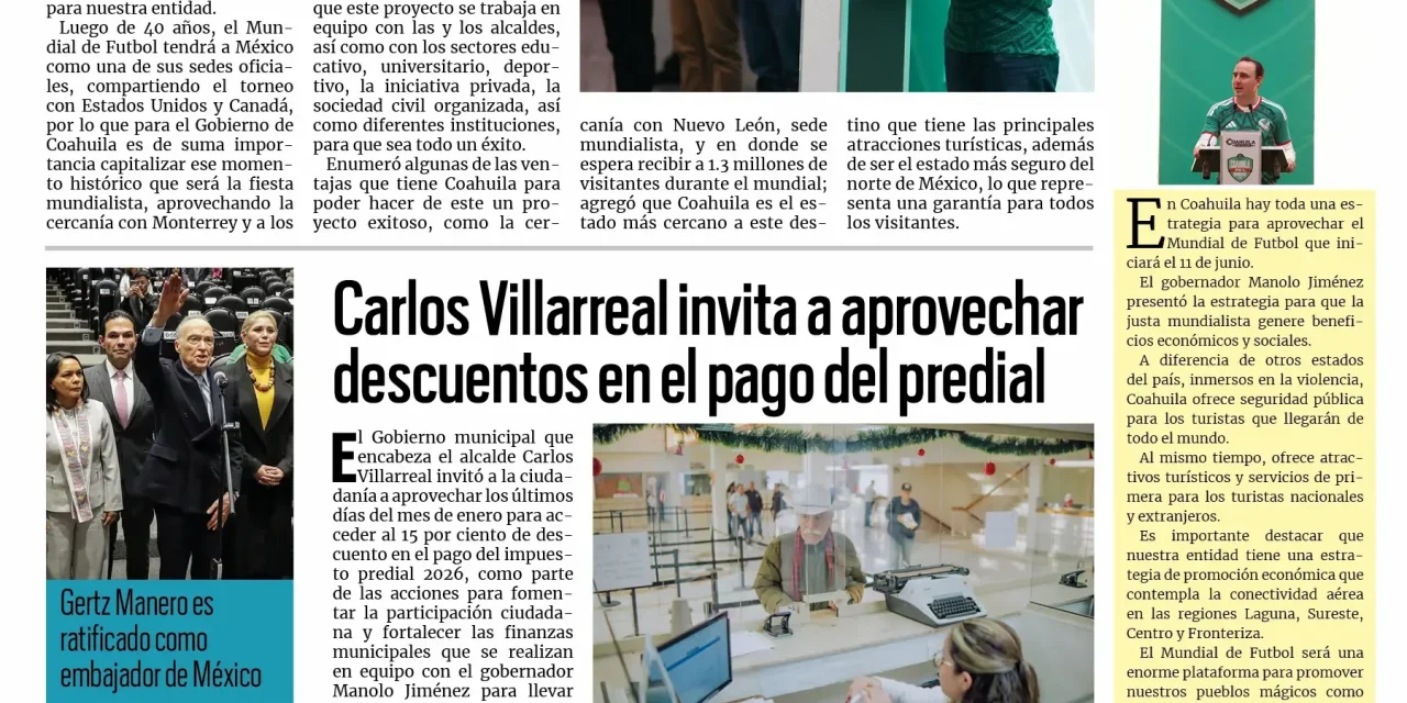 Portada RCG Centro [27 de enero de 2026] Coahuila se encuentra listo para el Mundial; Carlos Villarreal invita a aprovechar descuentos en predial y más…