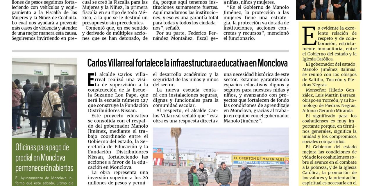Portada RCG Centro [31 de enero de 2026] Manolo Jiménez reitera su compromiso con las mujeres y la niñez; Carlos Villarreal fortalece la infraestructura educativa en Monclova y más…