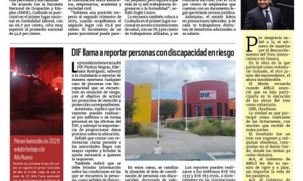 Portada RCG Fronteriza [2 de enero de 2026] Coahuila, líder en indicadores laborales; Festejos de Año Nuevo causan 40 incendios en Piedras Negras y más…
