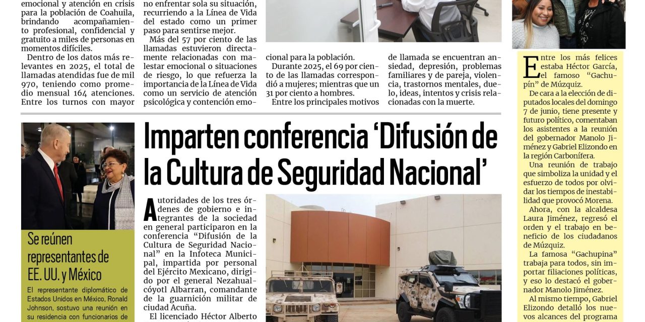 Portada RCG Fronteriza [19 de enero de 2026] Consolidan la Línea de la Vida como proyecto estratégico; imparten conferencia ‘Difusión de la Cultura de Seguridad Nacional’ y más…