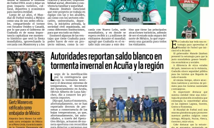 Portada RCG Fronteriza [27 de enero de 2026] Coahuila se encuentra listo para el Mundial; autoridades reportan saldo blanco en tormenta invernal y más…
