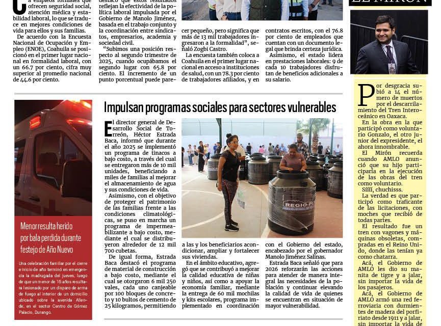 Portada RCG Lagunera [2 de enero de 2026] Coahuila, líder en indicadores laborales; Celebraciones de Año Nuevo disparan contaminación en Torreón y más…