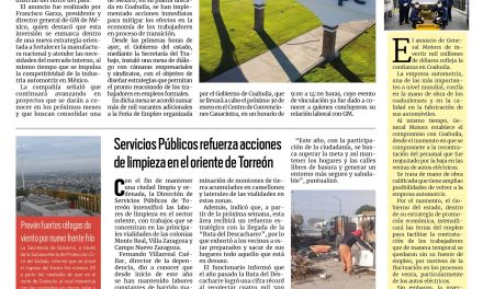 Portada RCG Lagunera [17 de enero de 2026] GM mantiene compromiso para fortalecer proyectos industriales; Servicios Públicos refuerza acciones de limpieza en el oriente de Torreón y más…