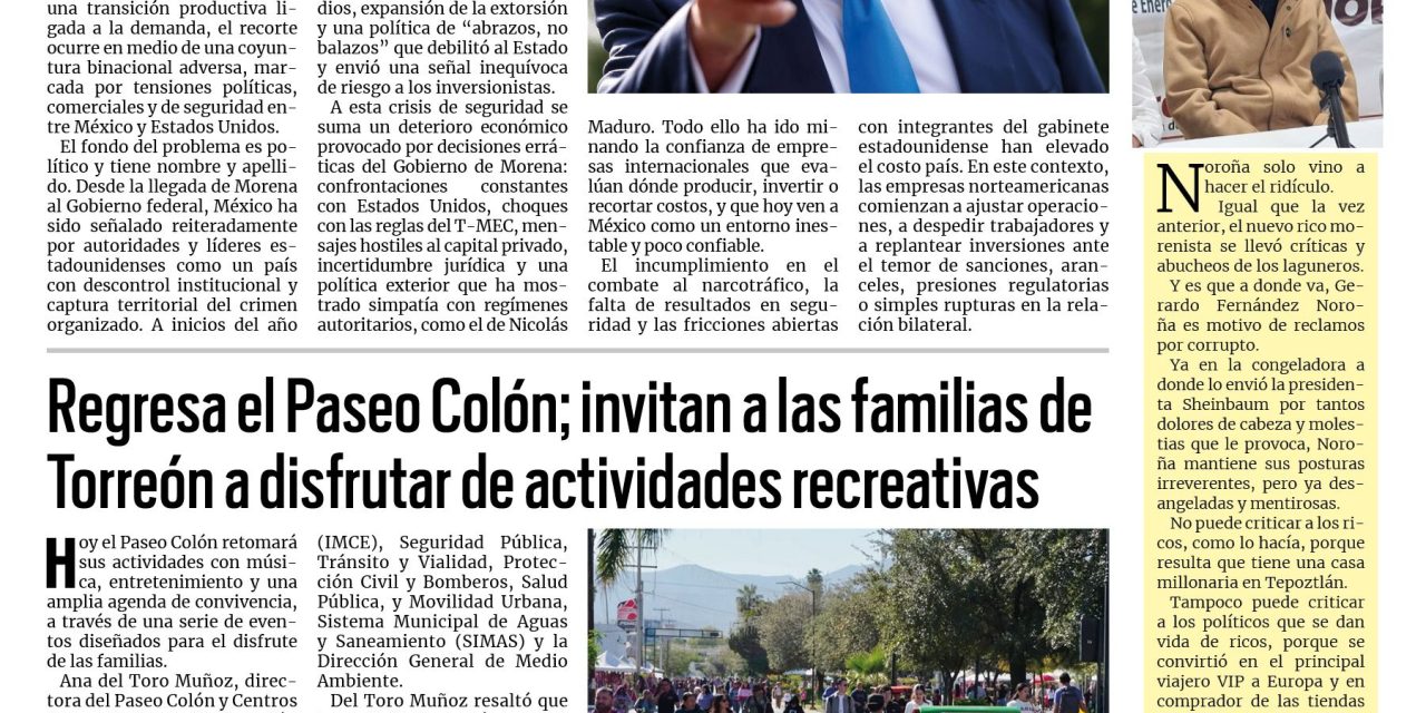 Portada RCG Lagunera [18 de enero de 2026] Pleitos de Morena con EE. UU. provocan pérdida de empleos; Regresa el Paseo Colón; invitan a las familias de Torreón y más…