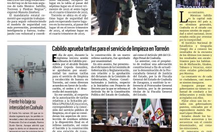 Portada RCG Lagunera [24 de enero de 2026] Saltillo, Torreón y Piedras Negras son los municipios más seguros; Padres de Chris quedan convencidos con pruebas de la FGE y más…