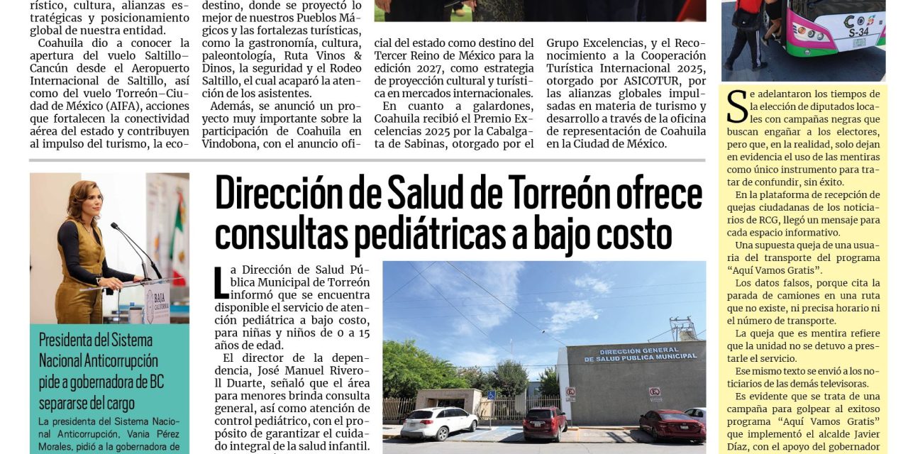 Portada RCG Lagunera [25 de enero de 2026] Un éxito, Coahuila en la FITUR 2026 de España; Justificarán faltas escolares por bajas temperaturas y más…