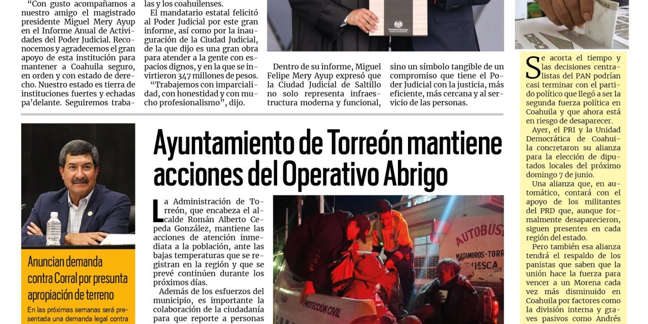 Portada RCG Lagunera [28 de enero de 2026] Coahuila, estado de instituciones fuertes: Manolo Jiménez; Ayuntamiento de Torreón mantiene acciones del Operativo Abrigo y más…