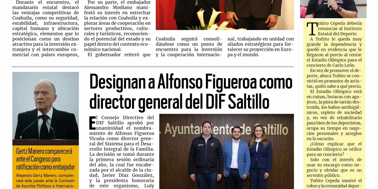 Portada RCG Media [22 de enero de 2026] Manolo Jiménez se reúne con el embajador de Italia; designan a Alfonso Figueroa como director general del DIF Saltillo y más…