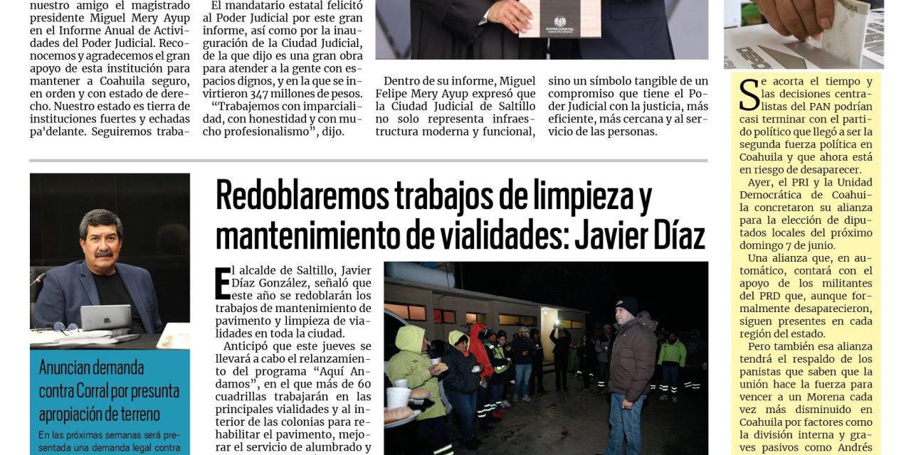 Portada RCG Media [28 de enero de 2026] Coahuila, estado de instituciones fuertes: Manolo Jiménez; redoblaremos trabajos de limpieza y mantenimiento de vialidades: Javier Díaz y más…