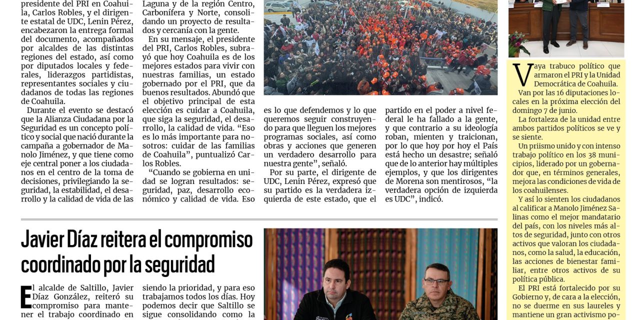Portada RCG Media [29 de enero de 2026] ‘Con la Alianza Ciudadana por la Seguridad, gana Coahuila’; Javier Díaz reitera el compromiso coordinado por la seguridad y más…