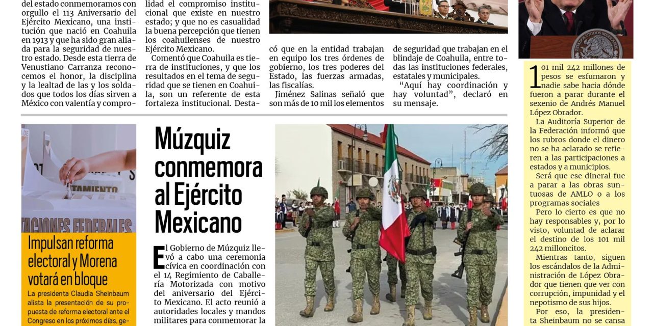Portada RCG Carbonífera [20 de febrero de 2026] Coahuila, tierra de instituciones fuertes: Manolo Jiménez; Múzquiz conmemora al Ejército Mexicano y más…