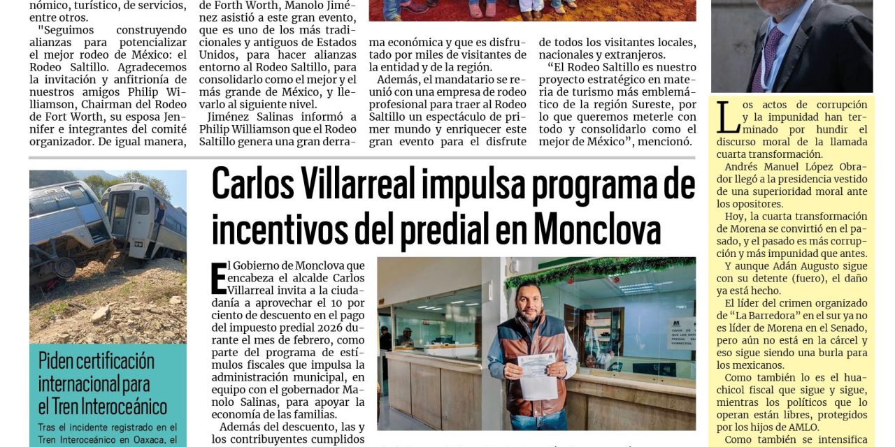 Portada RCG Centro [3 de febrero de 2026] Coahuila refuerza lazos con Fort Worth, Texas; Carlos Villarreal impulsa programa de incentivos del predial y más…