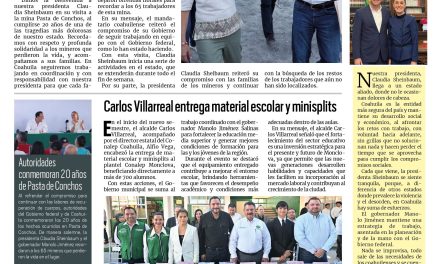 Portada RCG Centro [21 de febrero de 2026] Recibe Manolo Jiménez a la presidenta Claudia Sheinbaum para iniciar gira por Coahuila; Carlos Villarreal entrega material escolar y minisplits y más…