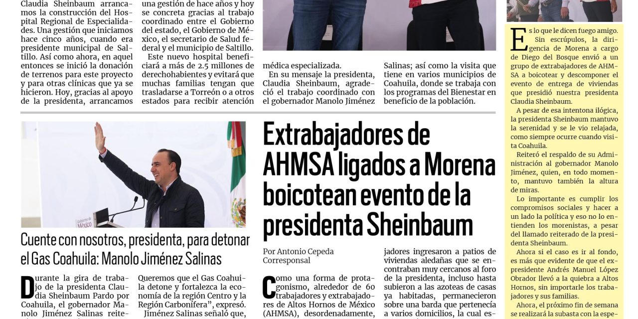 Portada RCG Centro [22 de febrero de 2026] Gobernador concreta gestión con la presidenta para nuevo hospital; Extrabajadores de AHMSA ligados a Morena boicotean evento de la presidenta Sheinbaum y más