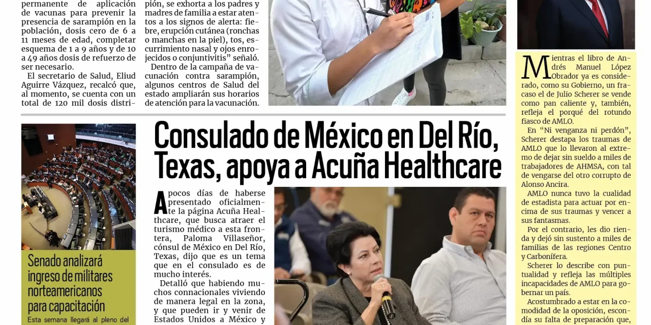 Portada RCG Fronteriza [16 de febrero de 2026] Coahuila refuerza la prevención contra el sarampión; Consulado de México en Del Río apoya a Acuña Healthcare y más…