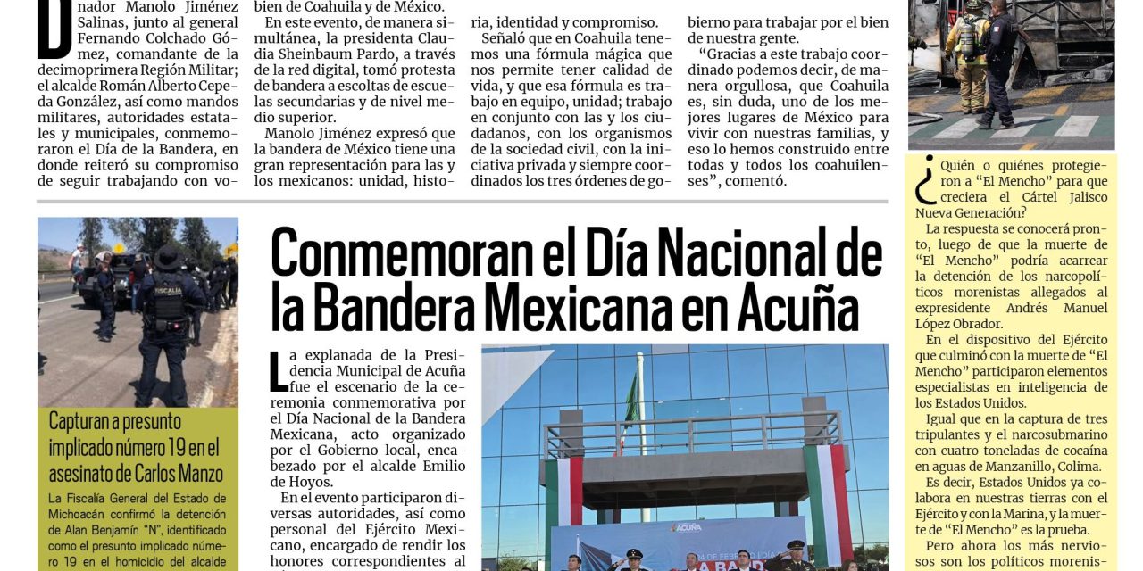 Portada RCG Fronteriza [25 de febrero de 2026] Encabeza gobernador conmemoración del Día de la Bandera; conmemoran el Día Nacional de la Bandera Mexicana en Acuña y más…