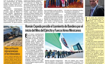 Portada RCG Lagunera [3 de febrero de 2026] Coahuila refuerza lazos con Fort Worth, Texas; Román Cepeda preside el Izamiento de Bandera por el inicio del Mes del Ejército y Fuerza Aérea Mexicanos y más…