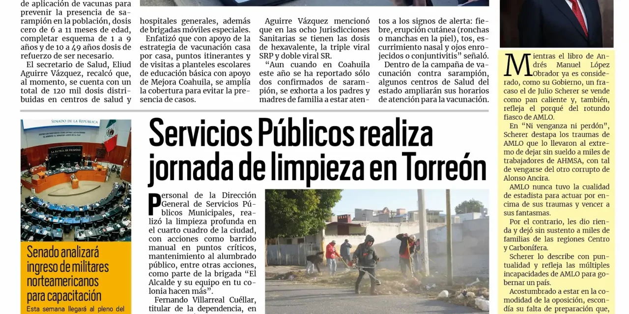 Portada RCG Lagunera [16 de febrero de 2026] Coahuila refuerza la prevención contra el sarampión; Servicios Públicos realiza jornada de limpieza en Torreón y más…
