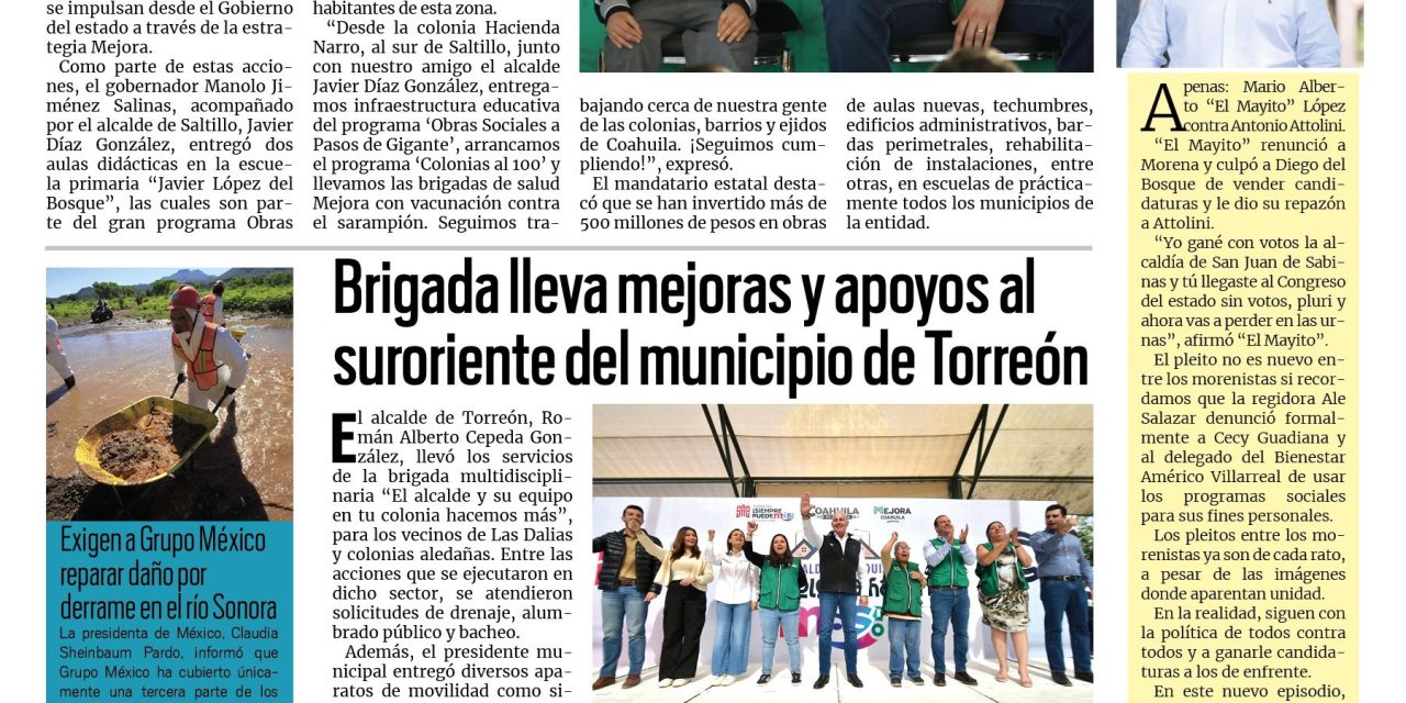 Portada RCG Lagunera [18 de febrero de 2026] Manolo Jiménez entrega 421 mdp de infraestructura educativa; brigada lleva mejoras y apoyos al suroriente de Torreón y más…