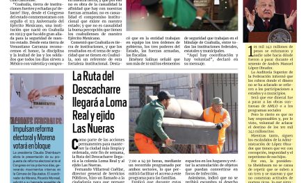 Portada RCG Lagunera [20 de febrero de 2026] Coahuila, tierra de instituciones fuertes: Manolo Jiménez; La Ruta del Descacharre llegará a Loma Real y ejido Las Nueras y más…
