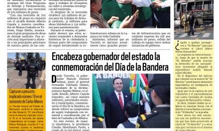 Portada RCG Lagunera [25 de febrero de 2026] Manolo Jiménez da inicio a obras de drenaje en Torreón; encabeza gobernador conmemoración del Día de la Bandera y más…
