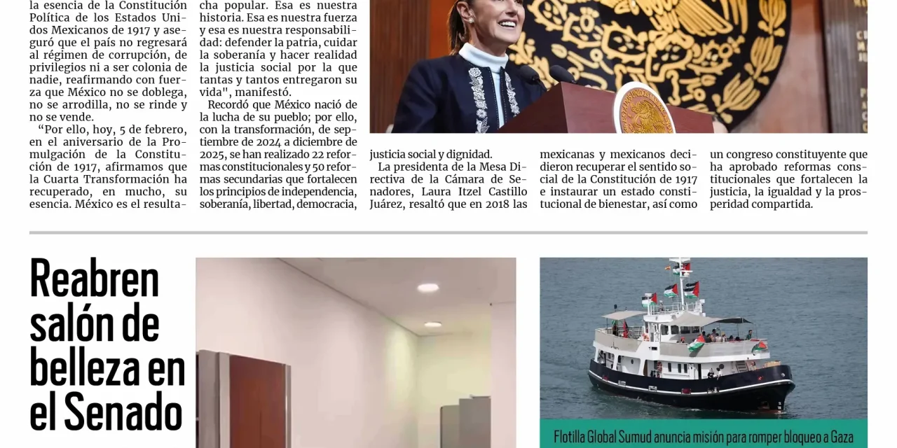 Portada RCG Nacional e Internacional [6 de febrero de 2026] México recuperó la esencia de la Constitución de 1917: Sheinbaum; Reabren salón de belleza en el Senado y más…