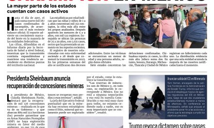 Portada RCG Nacional e Internacional [13 de febrero de 2026] Al alza los contagios de sarampión en México; presidenta Sheinbaum anuncia recuperación de concesiones mineras y más…