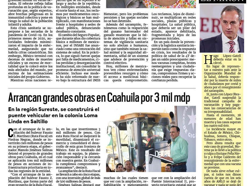Portada RCG Media [12 de febrero de 2026] Inunda 4T de sarampión al país; arrancan grandes obras en Coahuila por 3 mil mdp y más…