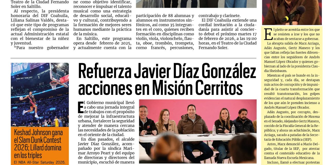 Portada RCG Media [15 de febrero de 2026] Promueve DIF Coahuila la cultura entre la niñez; Consolidan justicia social con ‘La Más Chida’ y más…