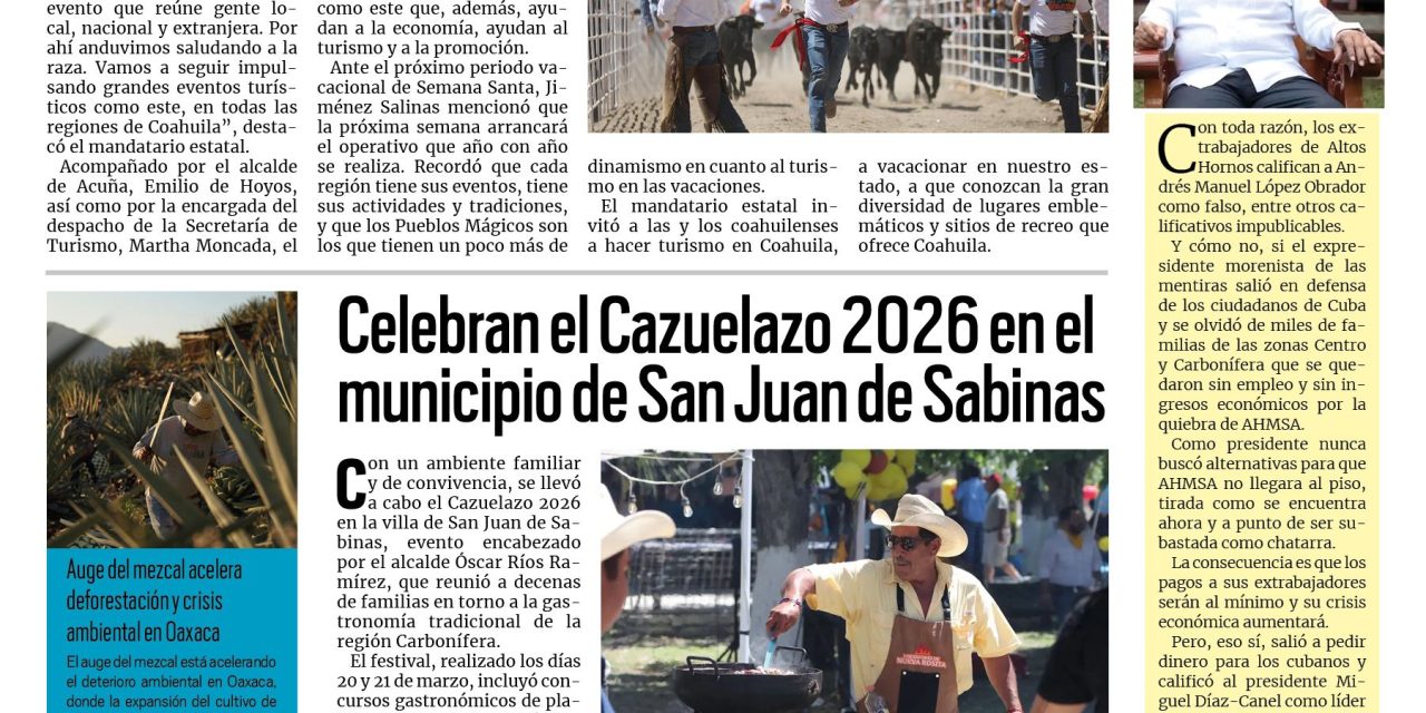 Portada RCG Carbonífera [22 de marzo de 2026] Consolidamos eventos turísticos en todas las regiones: Manolo; Hoy vuelven a abrir el parque La Cascada y más…