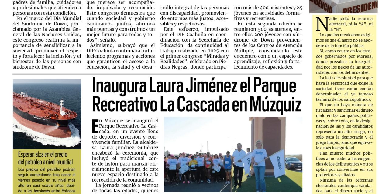 Portada RCG Carbonífera  [23 de marzo de 2026] DIF Coahuila impulsa más oportunidades para la inclusión; Inaugura Laura Jiménez el Parque Recreativo La Cascada en Múzquiz y más…
