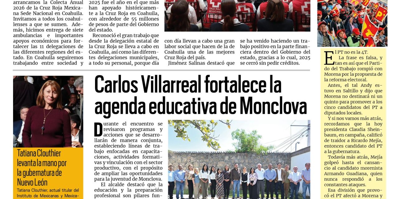 Portada RCG Centro [3 de marzo de 2026] Manolo Jiménez da inicio a la colecta anual de la Cruz Roja; Carlos Villarreal fortalece agenda educativa de Monclova y más…
