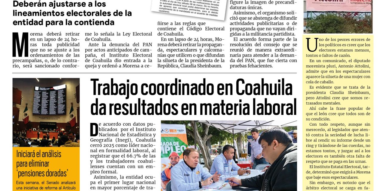 Portada RCG Centro [9 de marzo de 2026] IEC ordena a Morena ajustarse a las reglas ante denuncia del PAN; trabajo coordinado en Coahuila  da resultados en materia laboral y más…