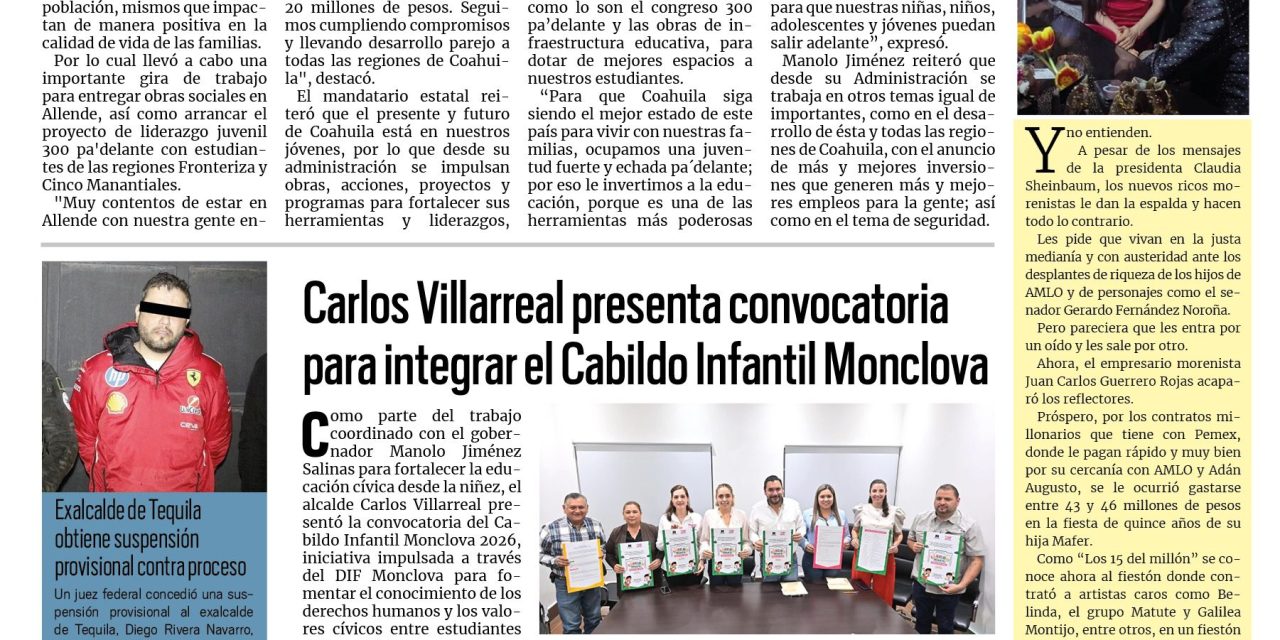 Portada RCG Centro [10 de marzo de 2026] Llevamos desarrollo parejo a todas las regiones: Manolo Jiménez; Carlos Villarreal presenta convocatoria del Cabildo Infantil Monclova y más…