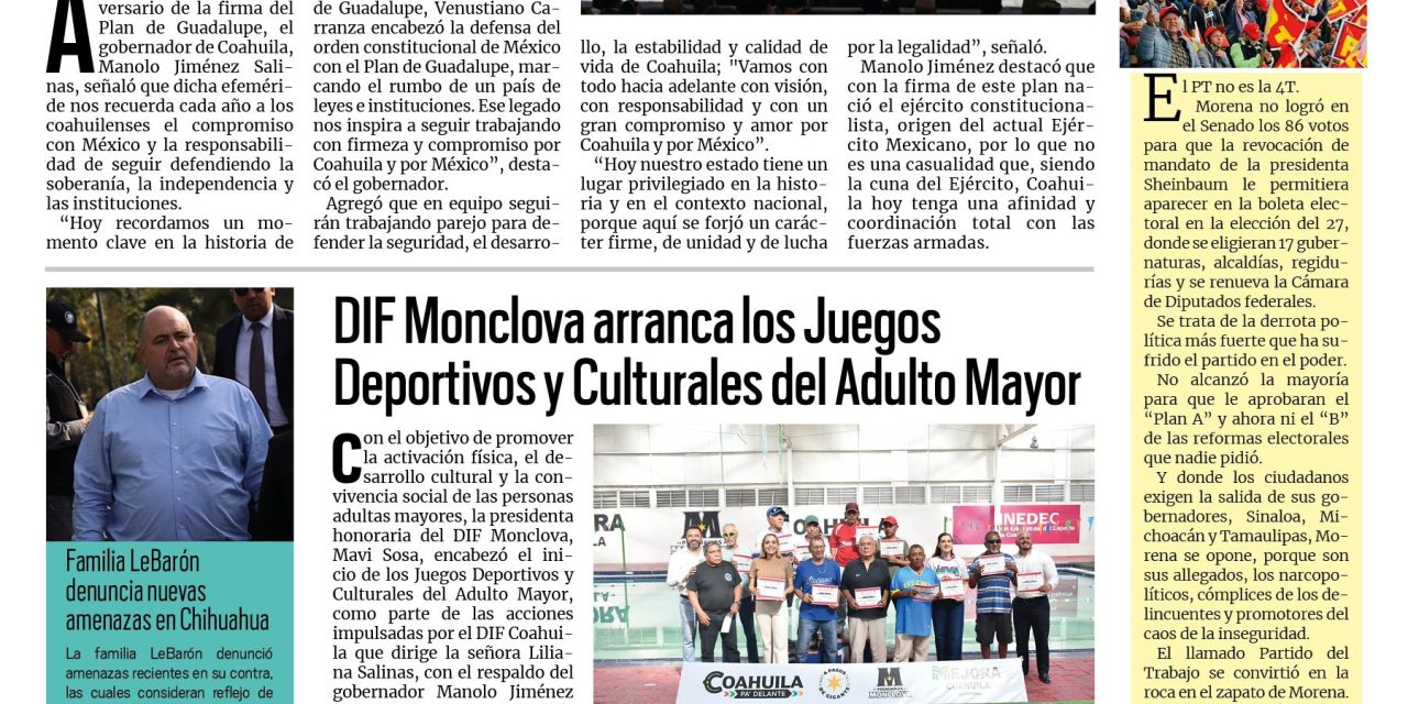 Portada RCG Centro [27 de marzo de 2026] Vamos a seguir defendiendo y fortaleciendo a las instituciones: Manolo; DIF Monclova arranca los Juegos Deportivos y Culturales del Adulto Mayor y más…